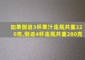 如果倒进3杯果汁连瓶共重220克,倒进4杯连瓶共重280克